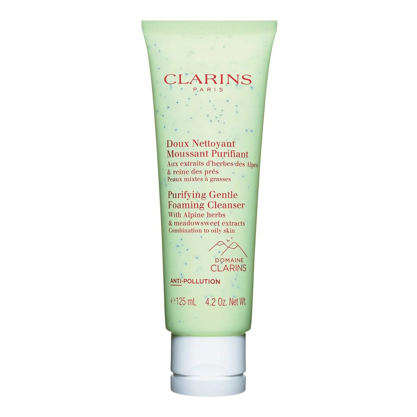 Tubo verde claro de limpiador espumoso Clarins Purifying Gentle Foaming de 125 ml específicamente para pieles mixtas a grasas, su textura espumosa elimina las impurezas y el exceso de grasa del rostro, muy eficaz para desmaquillar.