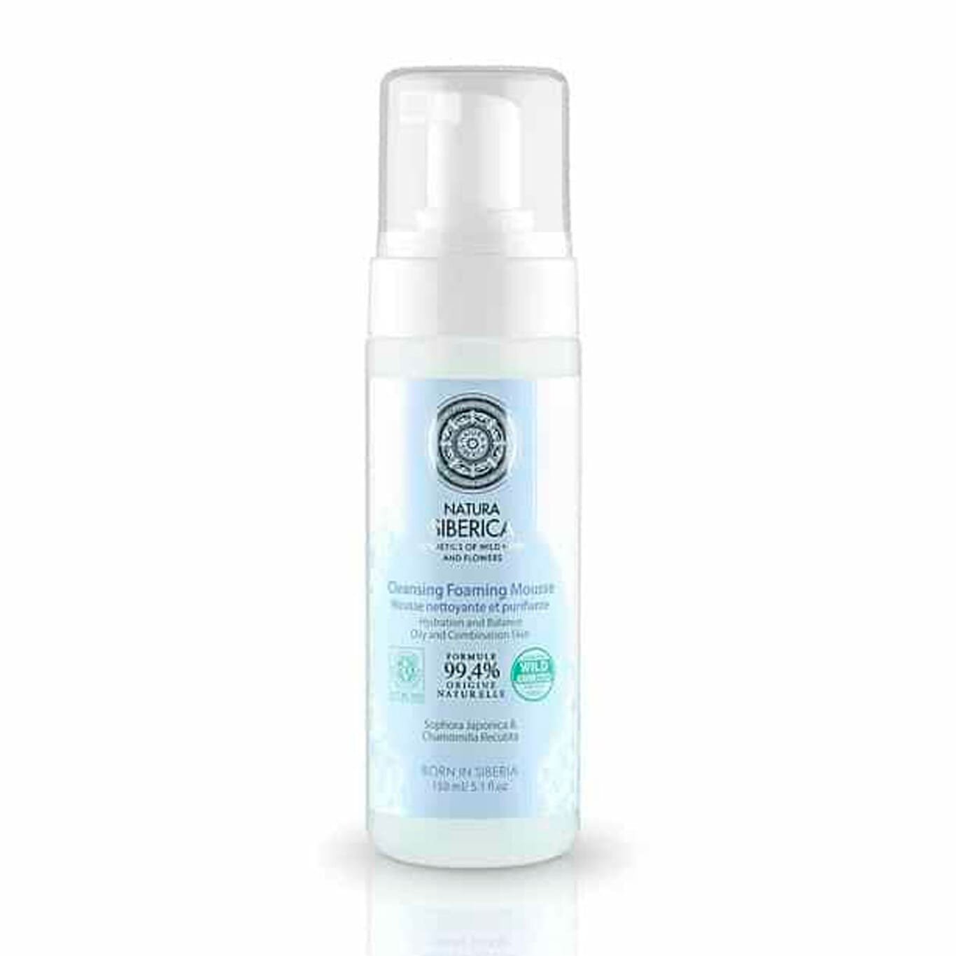 Botella de espuma limpiadora NaturaMousse de 150 ml, envase con colores claros, espuma ideal para ocupar como desmaquillante para piel grasa.