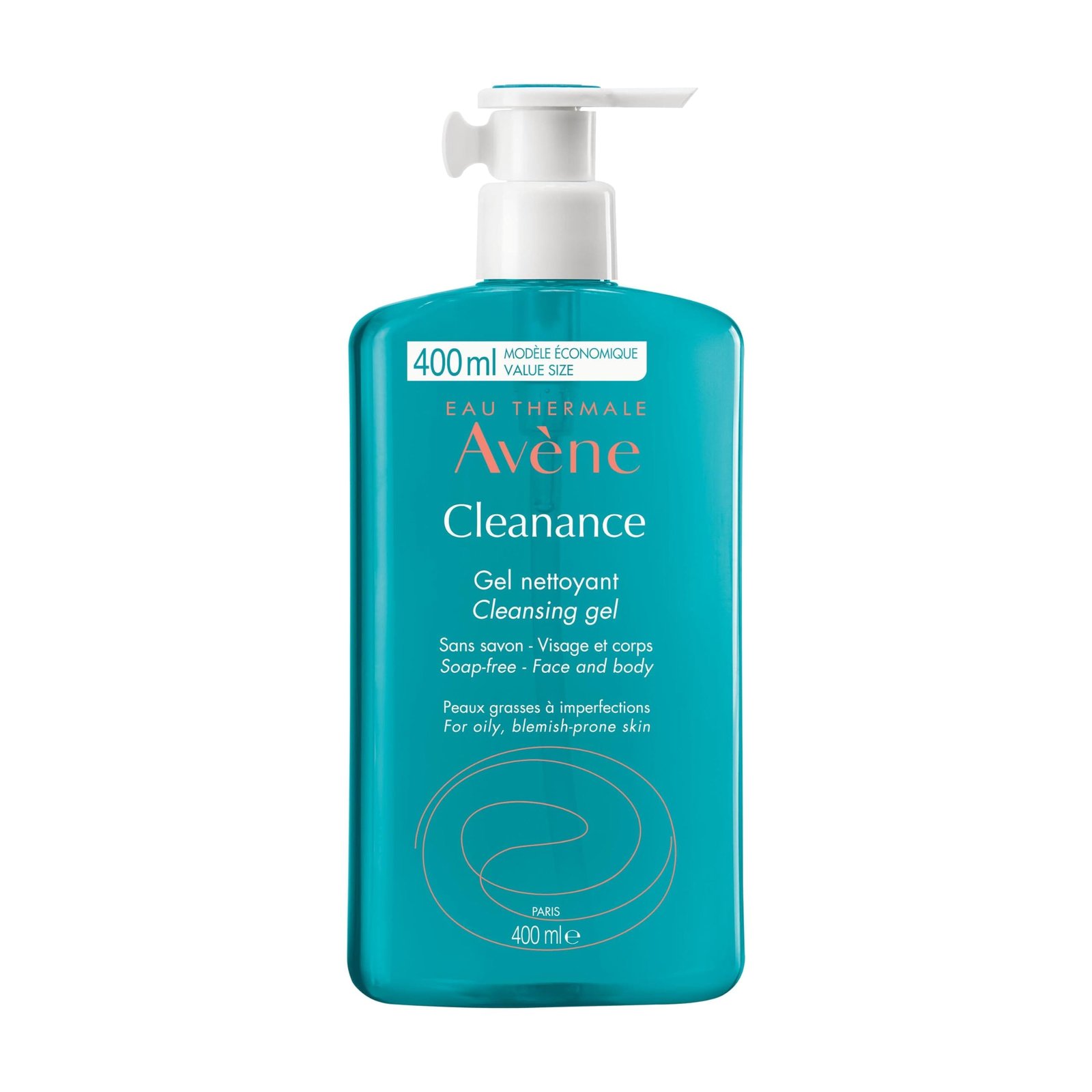 Botella de gel limpiador para el rostro marca Avène Cleanance de 400 ml con dispensador blanco y envase color azul, practico para tu rutina de skin care.