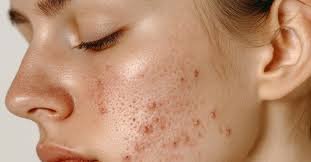 Se muestra el rostro de una mujer joven en primer plano, enfocado desde un perfil lateral. La piel de su mejilla está visiblemente afectada por acné severo. Se pueden notar numerosos granos inflamados, cicatrices profundas y poros dilatados. La textura de la piel es irregular, con un aspecto graso y enrojecido en varias zonas. La luz natural resalta las imperfecciones, dándole un tono brillante a algunas áreas de la caratipos de acne y sus caracteristicas por que salen durante la regla.