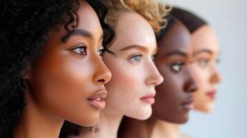 Primer plano de cuatro mujeres con diferentes tonos de piel, mirando hacia la derecha en un ángulo de perfil. La imagen destaca la diversidad étnica, la belleza natural, y la inclusión en el cuidado de la piel. Cada rostro tiene una piel suave, bien iluminada y sin maquillaje excesivo, representando la belleza real y el autocuidado facial. Fotografía ideal para temas de cosmética inclusiva, rutinas de skincare personalizadas, y diversidad en la belleza femenina.
